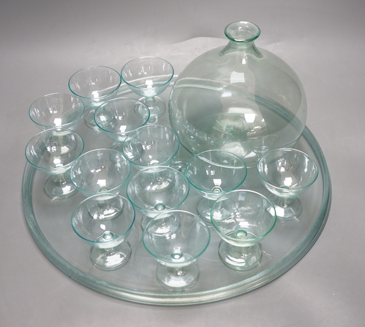A 1930's Murano irridescent aqua glass liqueur set